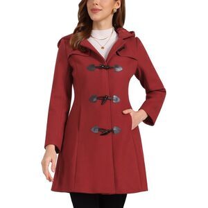 Winter Overcoat Mid-thigh Hooded Toggle Duffle Long Coat Dark Red